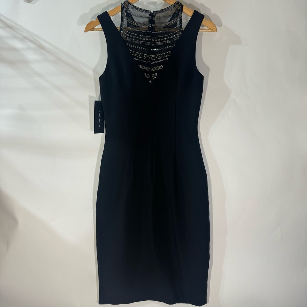 David Meister Black V neck Sleeveless Midi Dress